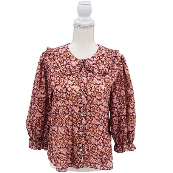 New RIXO London Blouse Peter Pan Ruffle Brown Orange Floral Size 6 - Picture 5 of 7